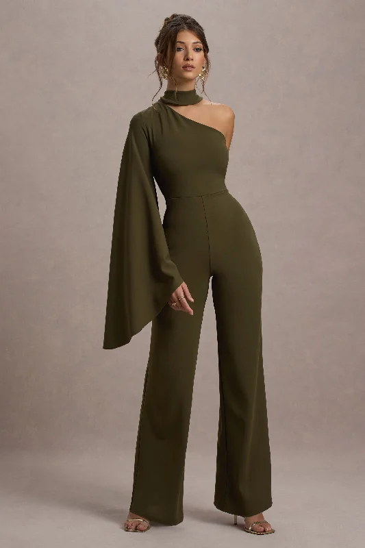 Women's Jumpsuits with PocketsFenix | Khaki Asymmetric Cape-Sleeve Straight-Leg Jumpsuit