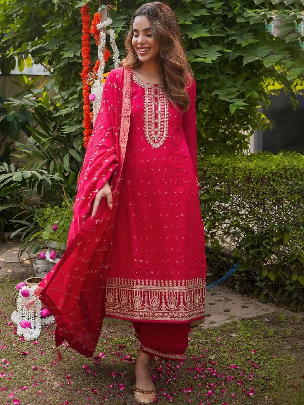 Women's Jumpsuits with Rounded CollarMagenta Embroidered Silk Blend Straight Suit With Dupatta