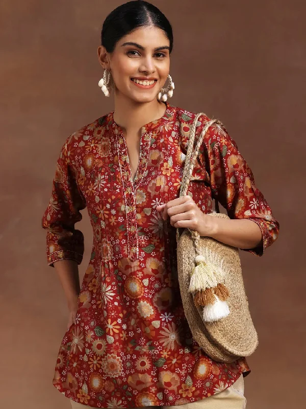 Women's RompersRed Printed Silk Blend A-Line Kurti