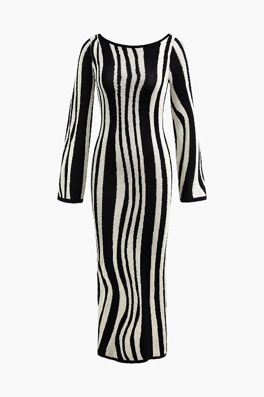 Women's Halter DressesContrast Stripe Round Neck Knit Maxi Dress