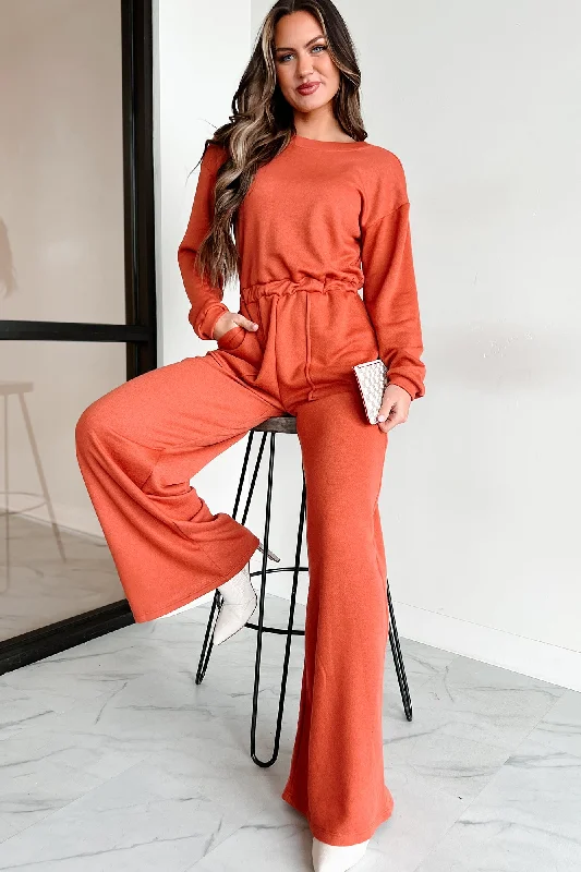 Women's Jumpsuits with High CollarPlausible Deniability Long Sleeve Wide Leg Jumpsuit (Rust)