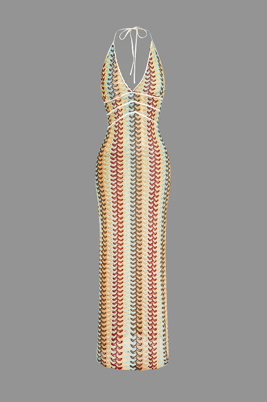 Women's Racerback DressesStriped Crochet Halter V-neck Backless Slip Maxi Dress