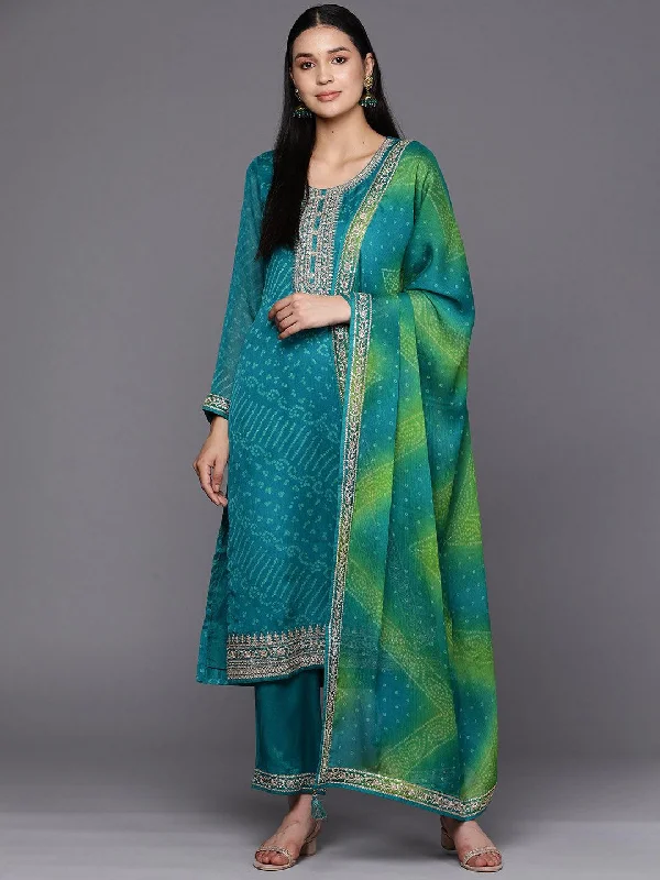 Women's Jumpsuits with Shirt CollarTurquoise Blue Printed Chiffon Straight Kurta With Trousers & Dupatta