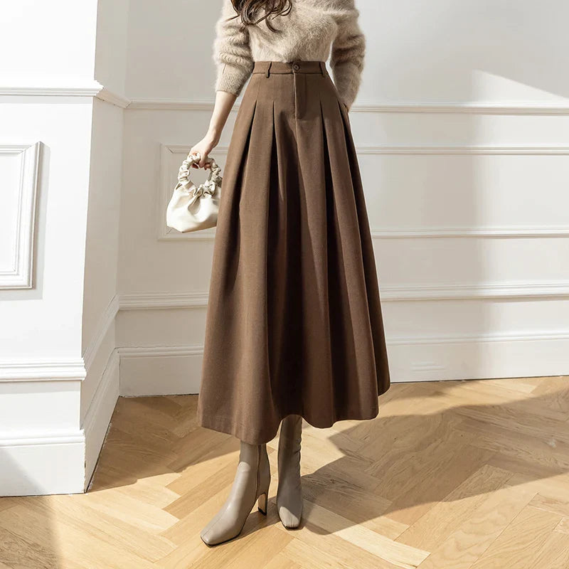 Women's Jodhpurs with Mandarin CollarFashionSierra - 2024 New Winter Woolen Long Womens Fashion High Waist Ball Gown Pleated Korean Style Ladies Wool Skirt