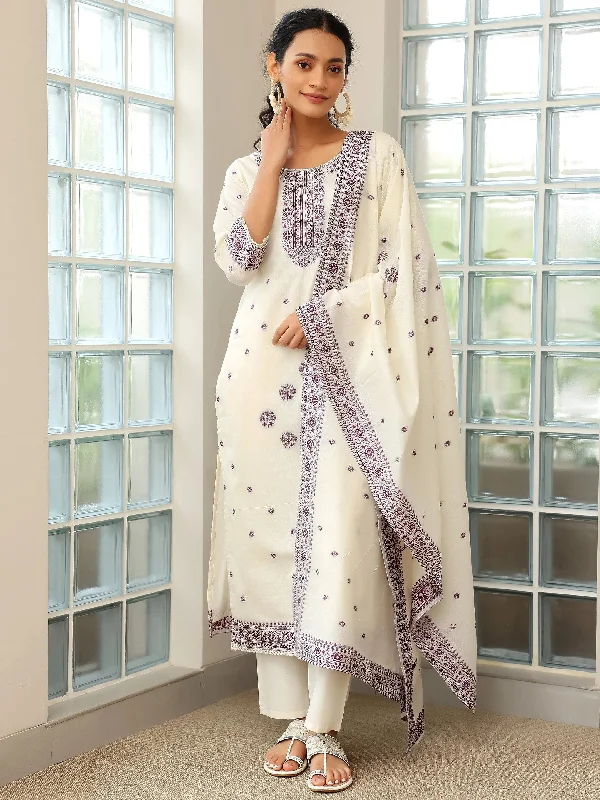 Women's Jumpsuits with Shawl CollarOff White Woven Design Chanderi Silk Straight Suit With Dupatta