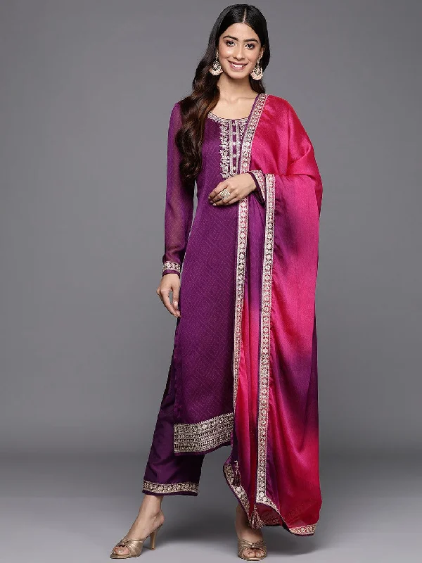 Women's Jumpsuits with U-Shaped CollarPurple Printed Chiffon Straight Kurta With Trousers & Dupatta