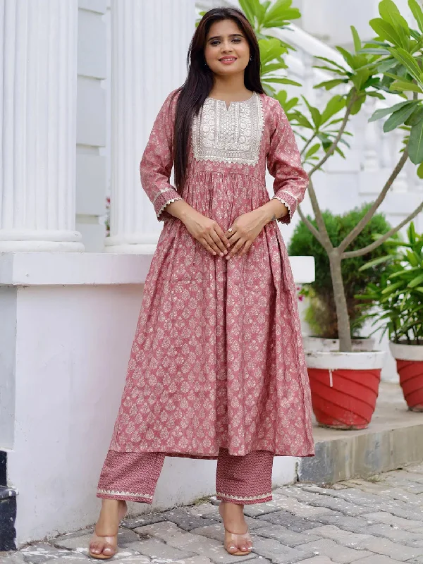 Women's Jumpsuits with Collarless DesignMauve Printed Silk Blend A-Line Kurta With Palazzos