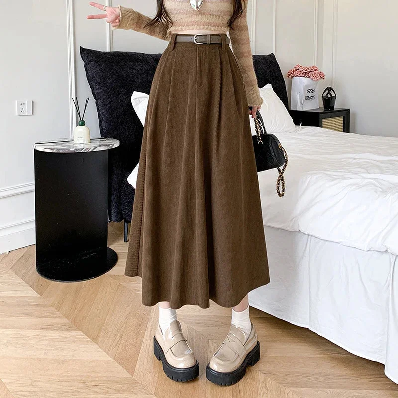 Women's Jodhpurs with Shirt CollarFashionSierra - 2024 New Autumn Winter Corduroy Womens Fashion High Waist Ball Gown Korean Ladies Casual Long Skirt