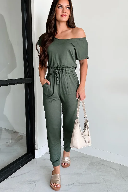 Women's OverallsStroll Through Town Short Sleeve Jumpsuit (Olive)