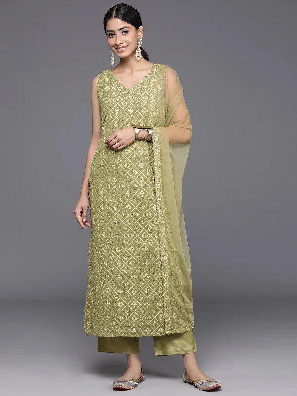 Women's Jumpsuits with Boat NeckOlive Embroidered Georgette Straight Kurta With Trousers & Dupatta