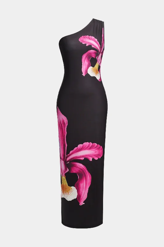 Women's High Collar DressesFloral Print One Shoulder Sleeveless Maxi Dress