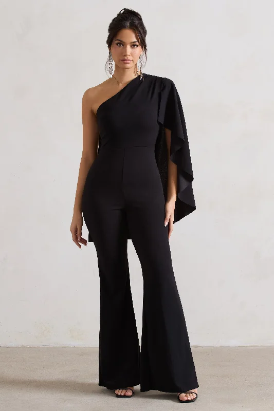 Women's Jumpsuits with Wide CollarPristine | Black One Shoulder Cape Sleeve Flared-Leg Jumpsuit