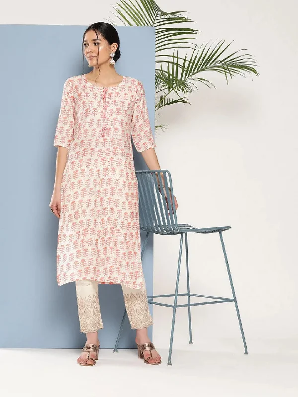 Women's Jumpsuits with Mandarin CollarPeach Printed Silk Straight Kurta