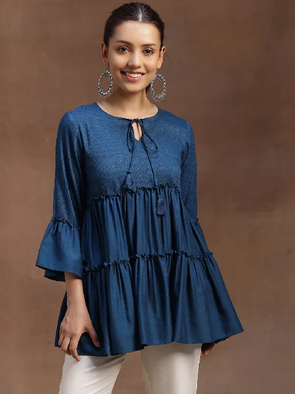 Women's Jumpsuits with Shirt CollarBlue Embellished Silk Blend A-line Kurti