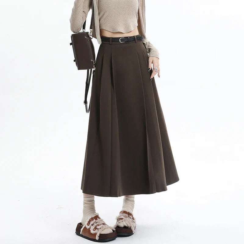 Women's Jodhpurs with Peter Pan CollarWoolen Pleated Womens 2024 New Autumn Winter Wool High Waist Ladies Elegant A-line Long Skirt