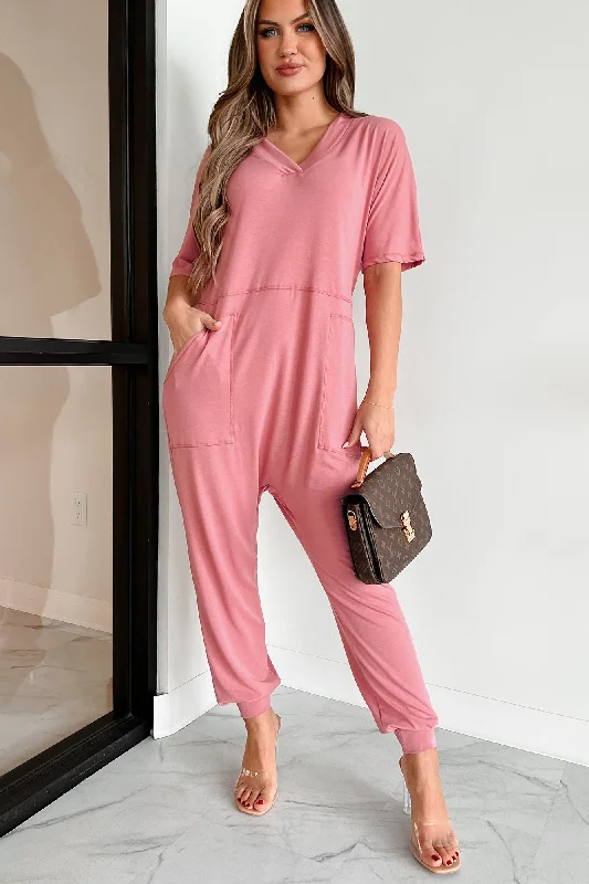 Women's Jumpsuits with V-Shaped CollarTired Eyes Short Sleeve Slouchy Jumpsuit (Rose)