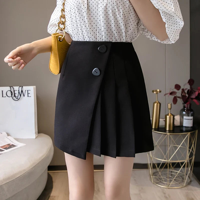 Women's Palazzo PantsFashionSierra - New Preppy Style High Waist Pleated Mini Women Summer Fashion Buttons A-Line Black Woman Casual Short Skirt