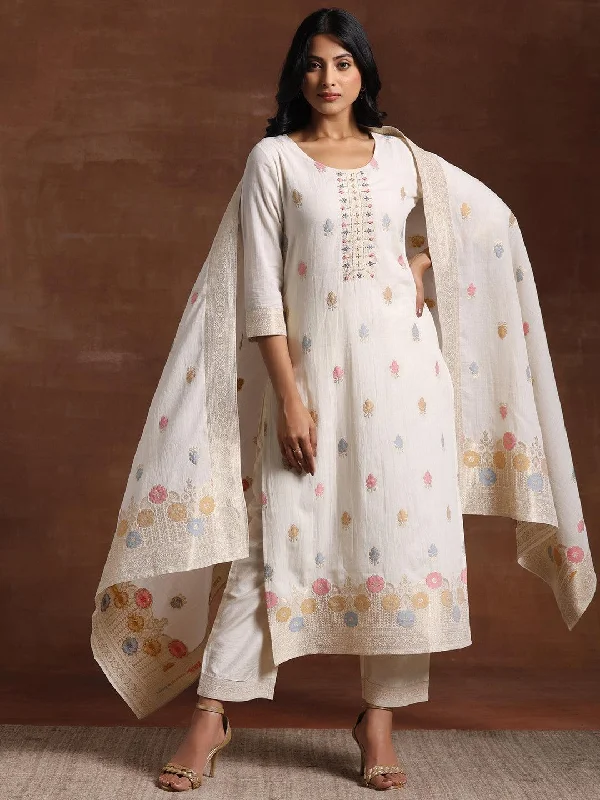 Women's Jumpsuits with Peter Pan CollarOff White Woven Design Cotton Straight Suit With Dupatta