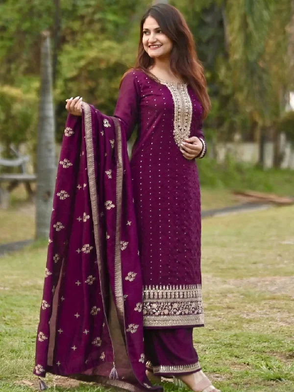 Women's Jumpsuits with Wide LegPurple Embroidered Silk Blend Pakistani Suit