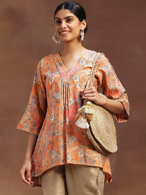 Women's Jumpsuits with High CollarPeach Printed Silk Blend A-Line Kurti