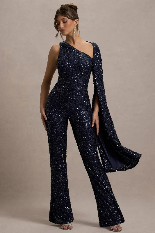 Women's Jumpsuits with Boat CollarStar Seeker | Navy Sequin One-Shoulder Cape Sleeve Jumpsuit