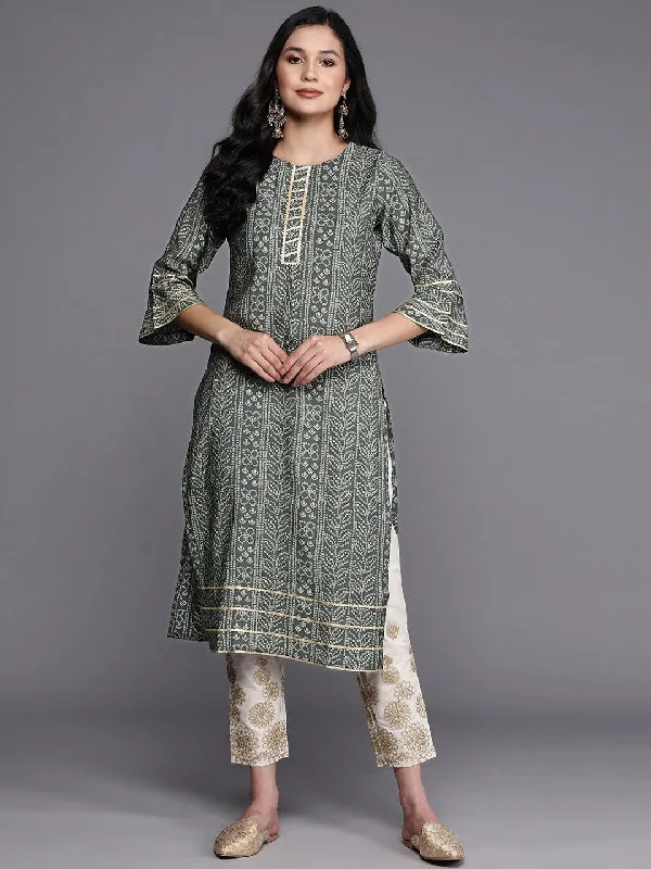 Women's Jumpsuits with Notched CollarGrey Printed Silk Straight Kurta