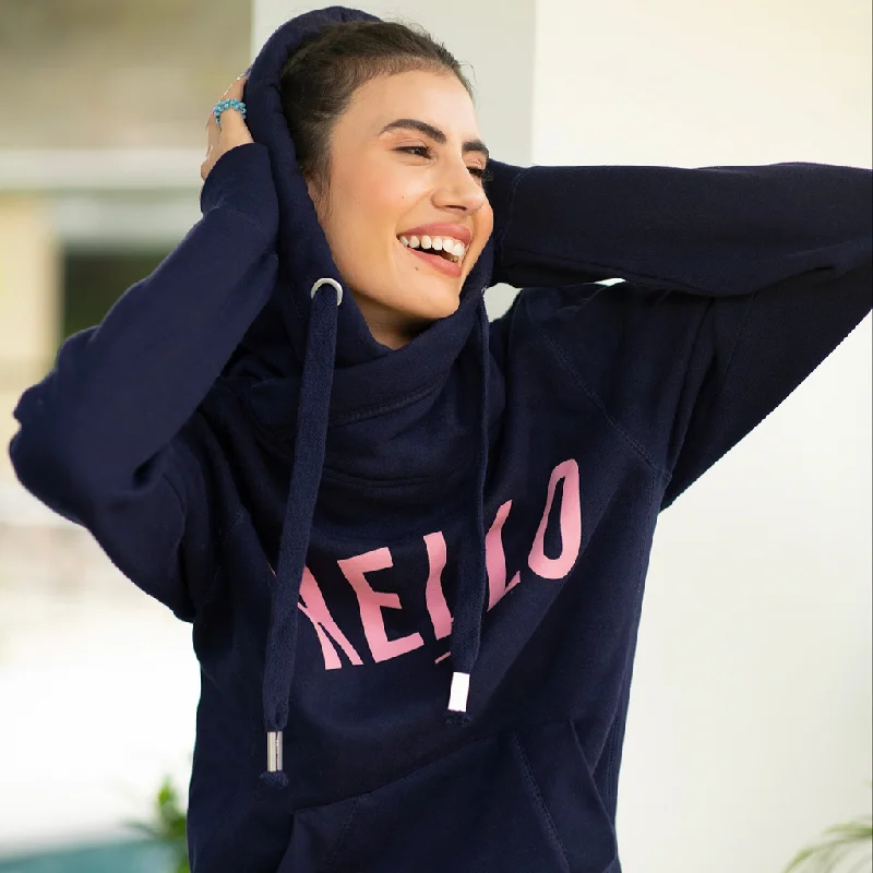 Women's Hooded PulloversNavy Pink Hello Cowl Neck Hoodie