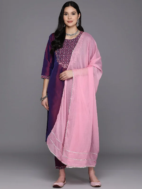 Women's Jumpsuits with ZipperBurgundy Embroidered Silk Blend Straight Kurta With Trousers & Dupatta