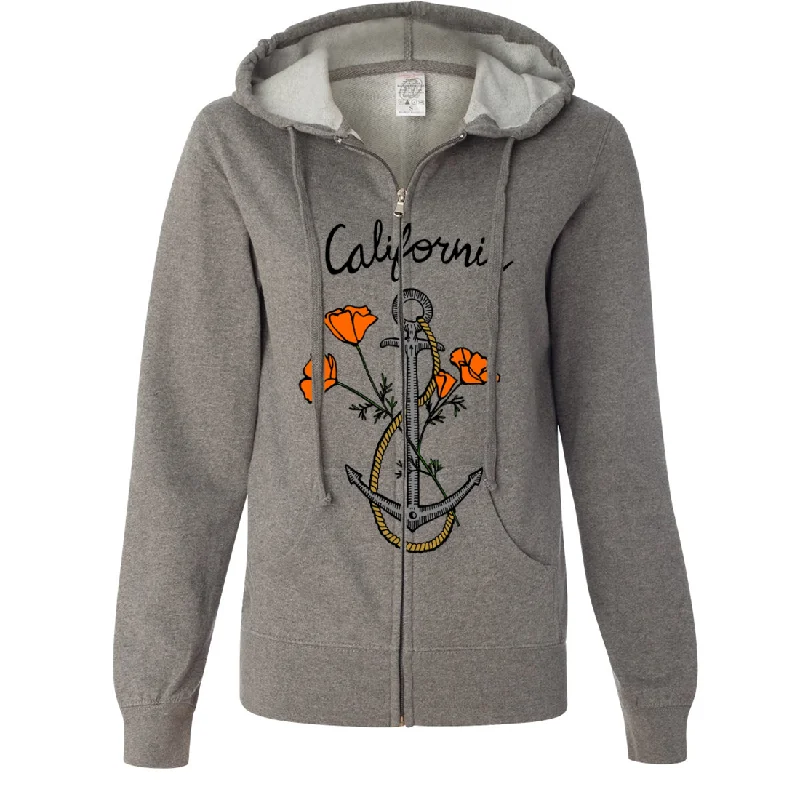 Women's Hooded Sweatshirts with Breathable FabricCalifornia Anchor Poppies Ladies Lightweight Fitted Zip-Up Hoodie