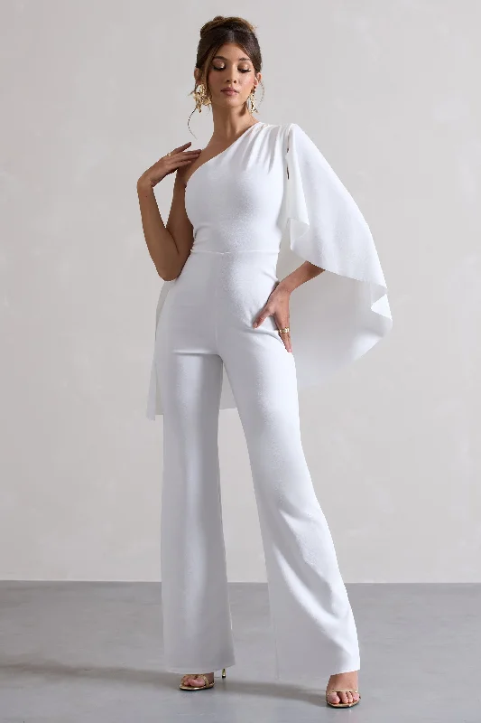 Women's Jumpsuits with Wide CollarPristine | White One Shoulder Cape Sleeve Flared-Leg Jumpsuit