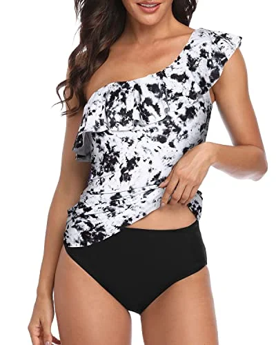 Front Ruched Tummy Control One Shoulder Swimsuits For Women-Black And White Tie Dye