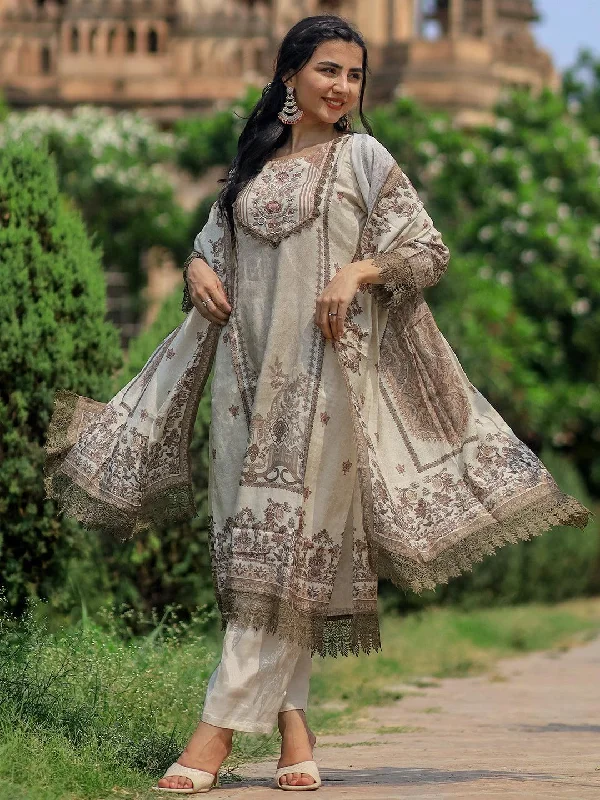 Women's Jumpsuits with Keyhole CollarBeige Printed Silk Blend Pakistani Suit