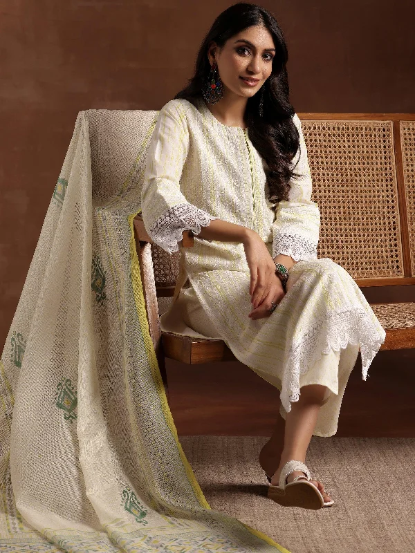 Women's Jumpsuits with Sweetheart CollarOff White Embroidered Cotton Blend Straight Suit With Dupatta