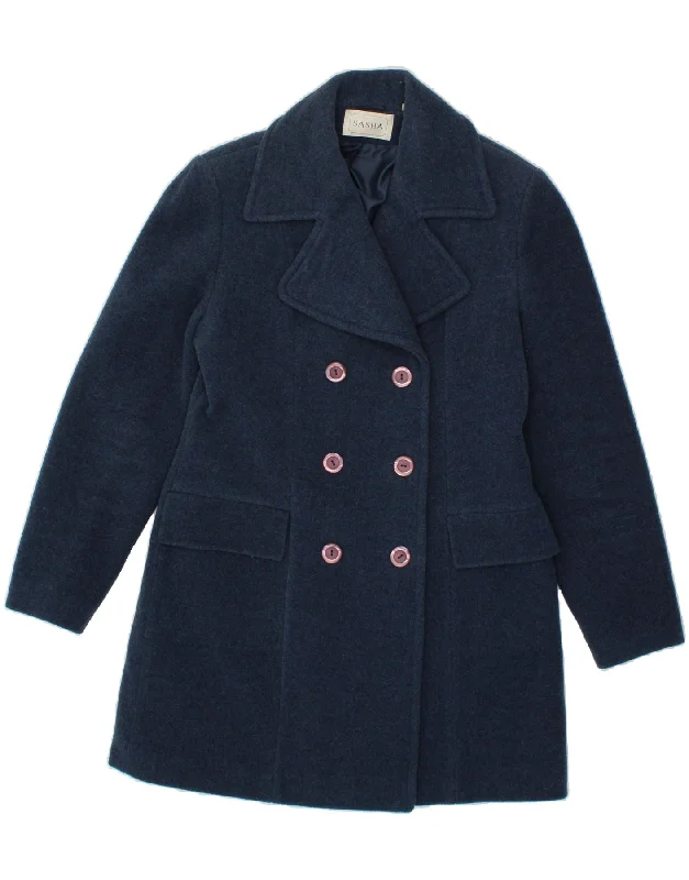 Women's Coats with Fur Trimmed HoodSASHA Womens Double Breasted Coat UK 10 Small Navy Blue Wool