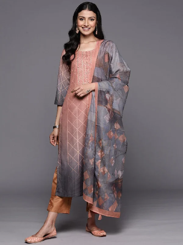 Women's Jumpsuits with Ankle LengthPeach Yoke Design Silk Blend Straight Kurta With Trousers & Dupatta