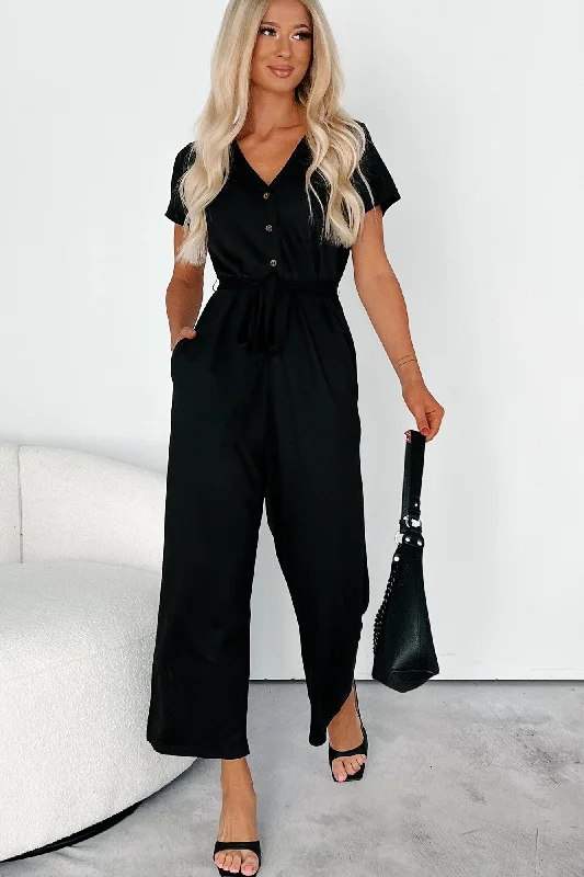 Women's Jumpsuits with Low CollarNo Dilemma Short Sleeve Jumpsuit (Black)