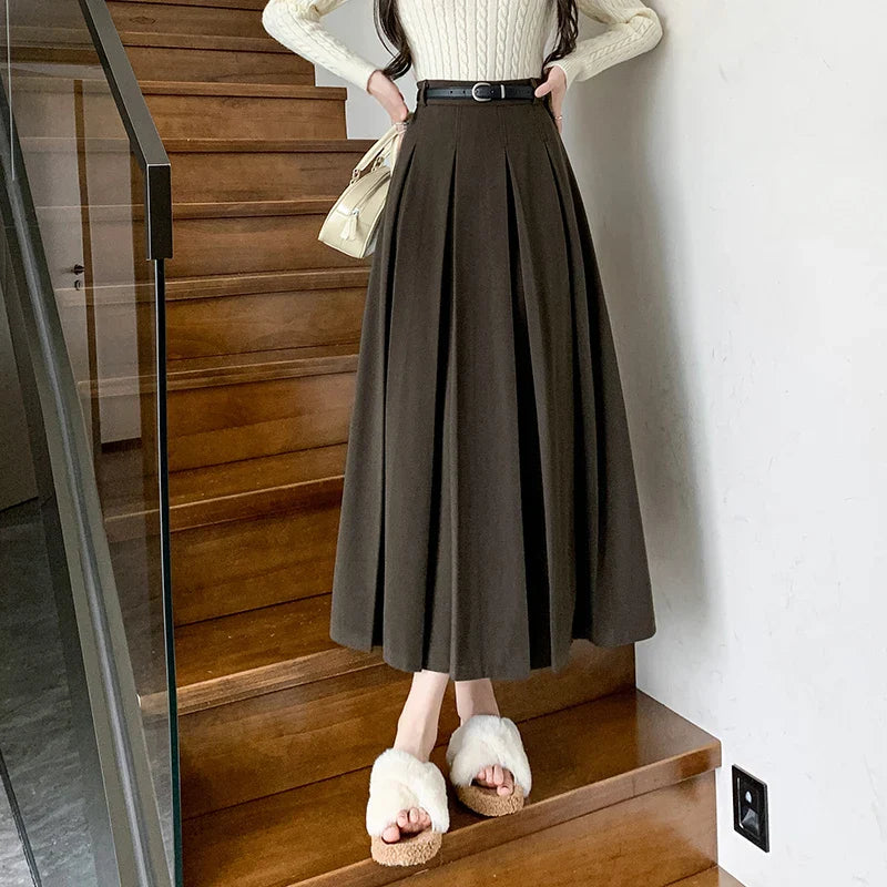 Women's Jodhpurs with U-Shaped CollarFashionSierra - 2024 New Autumn Winter Woolen Women Long High Waist A-line Pleated Korean Style Ladeis Wool Midi Skirt