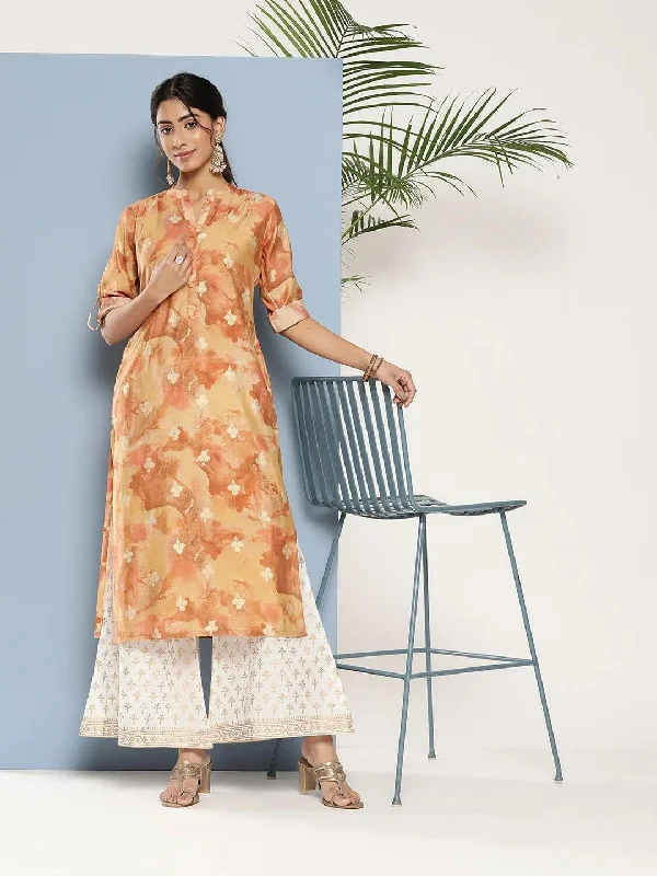 Women's Jumpsuits with Long LengthBrown Printed Silk Straight Kurta