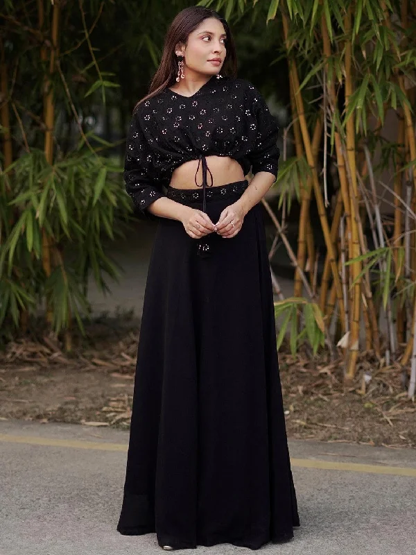 Women's Jumpsuits with Short LengthBlack Embroidered Georgette Lehenga