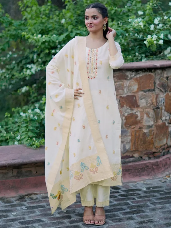 Women's Long-Sleeve JumpsuitsOff White Woven Design Cotton Straight Suit With Dupatta