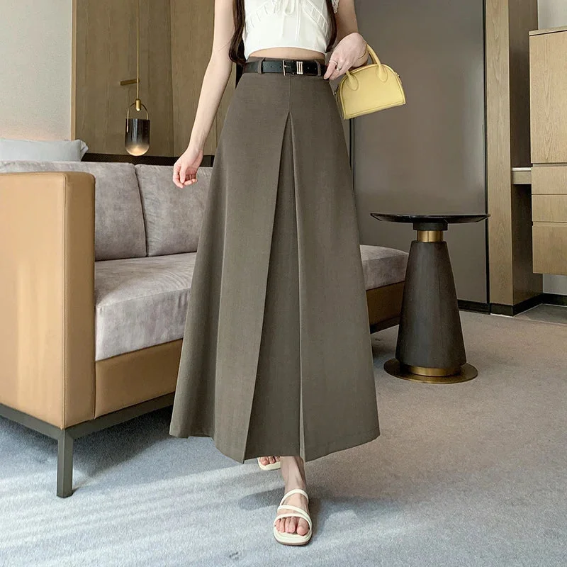 Women's Jodhpurs with Mandarin CollarFashionSierra - 2024 Spring Summer New Women Long Fashion High Waist A-line Pleated Korean Ladies Casual Suit Skirt