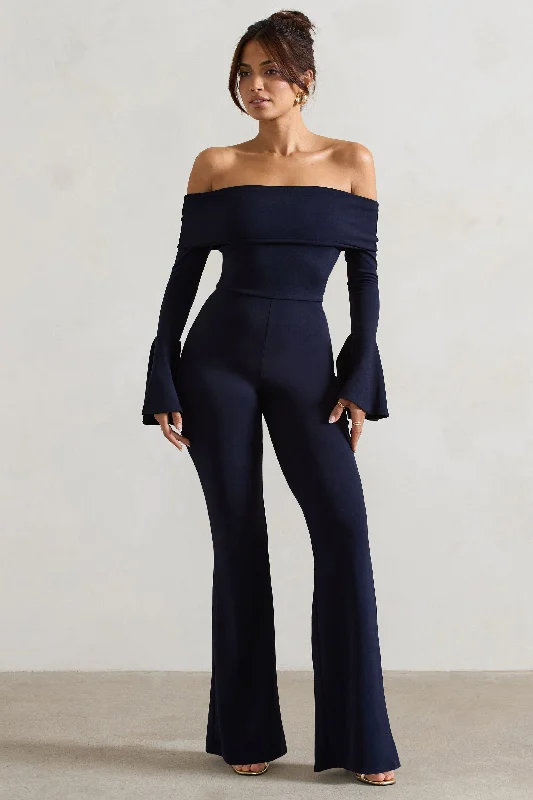 Women's Jumpsuits with ButtonsShauna | Navy Bardot Long-Sleeve Flared Jumpsuit