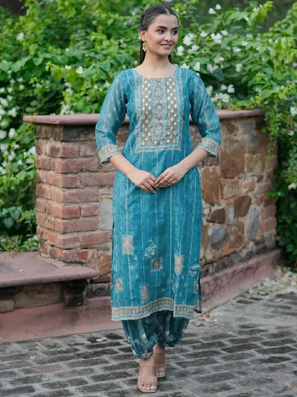 Women's Jumpsuits with V-Shaped CollarBlue Embellished Chanderi Silk Straight Kurta