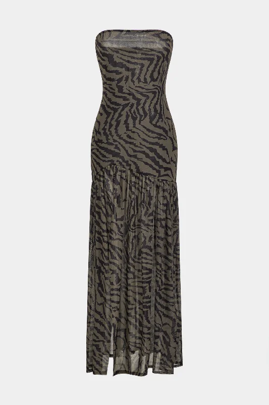 Women's Wide Collar DressesZebra Stripe Print Backless Slit Strapless Maxi Dress