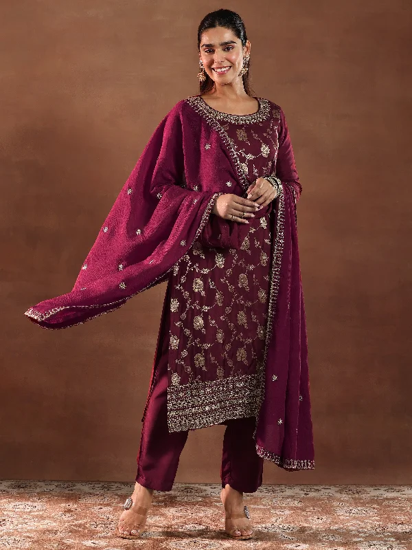 Women's Jumpsuits with Shawl CollarMaroon Woven Design Silk Blend Straight Suit With Dupatta