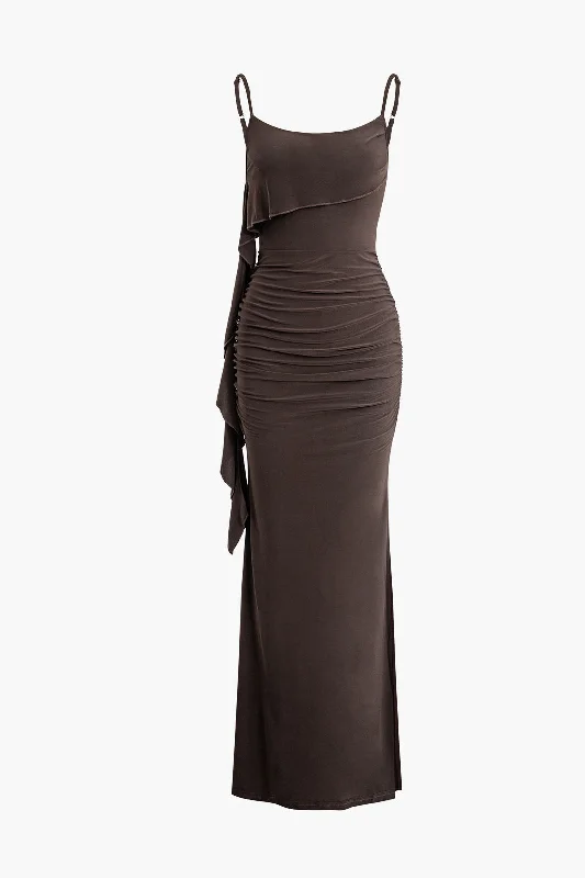 Women's Low-Neck DressesSolid Fringe Backless Slip Slit Maxi Dress