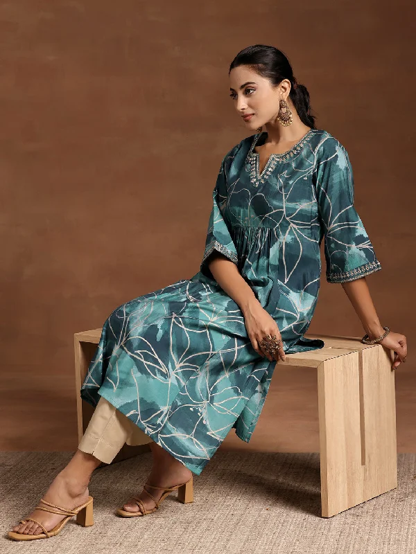 Women's Jumpsuits with Mandarin CollarBlue Printed Silk A-Line Kurta