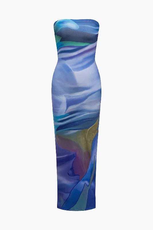 Women's Keyhole Collar DressesAbstract Print Strapless  Maxi Dress