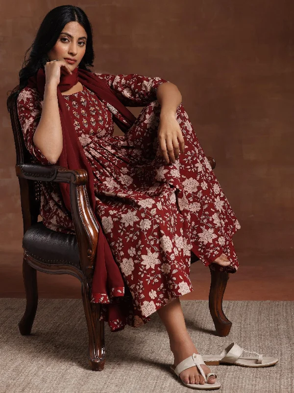 Women's Jumpsuits with Keyhole CollarMaroon Printed Pure Cotton Anarkali Suit With Dupatta