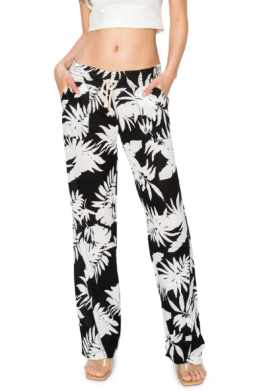 Women's Jodhpurs with Square CollarLinen Pants 32" Inseam Drawstring Smocked Waist Printed Beach Pants  - Black White